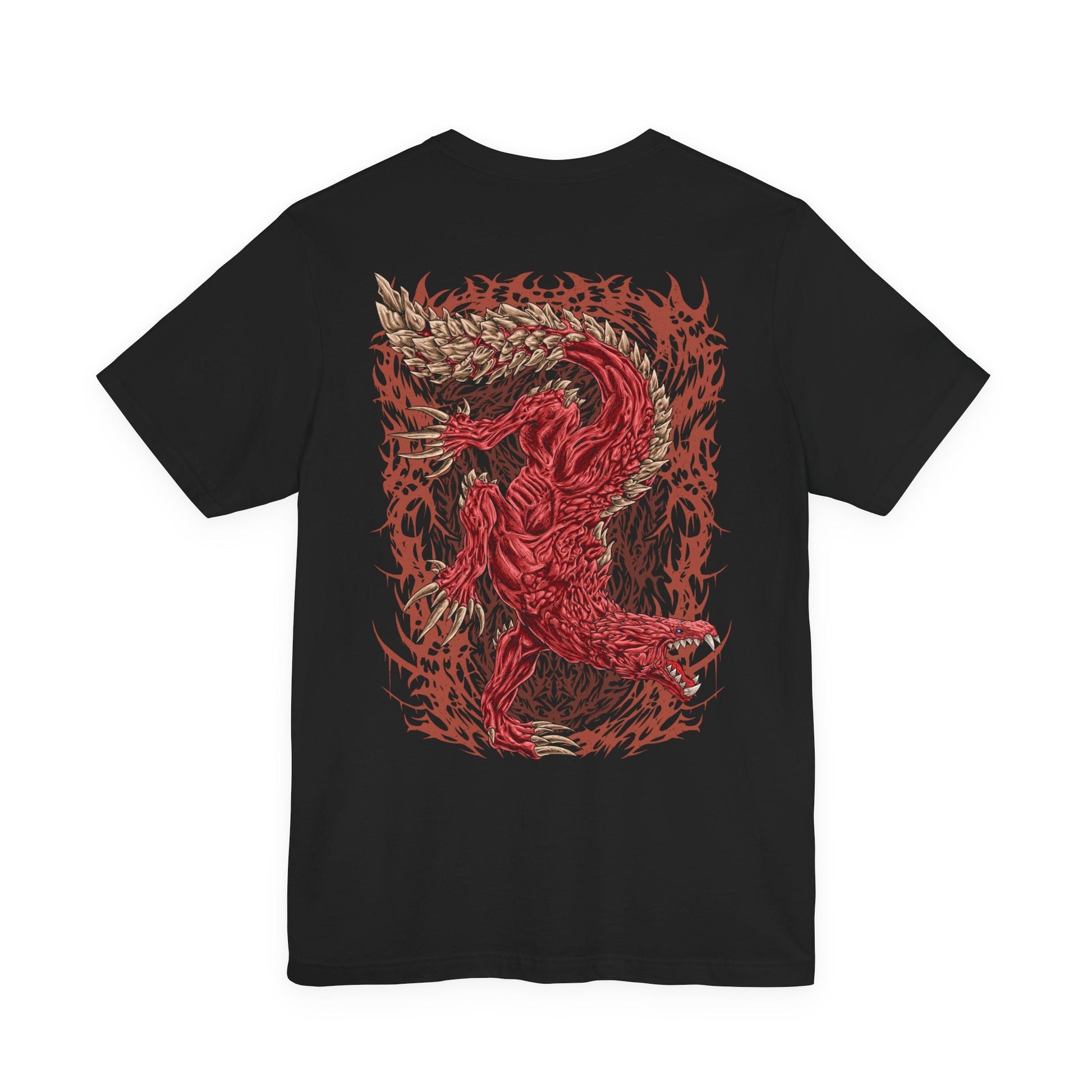 Image 5 of a T-Shirt artwork depicting Odogaron lunging across the Rotten Vale with blinding speed, its blood-red hide glistening beneath dim cavern light as claws tear through stone. Skeletal remains and drifting spores surround the beast while its glowing eyes lock onto unseen prey. This design reflects the creature's relentless pursuit, savage combat style, and dominance as one of the apex predators lurking beneath the surface.