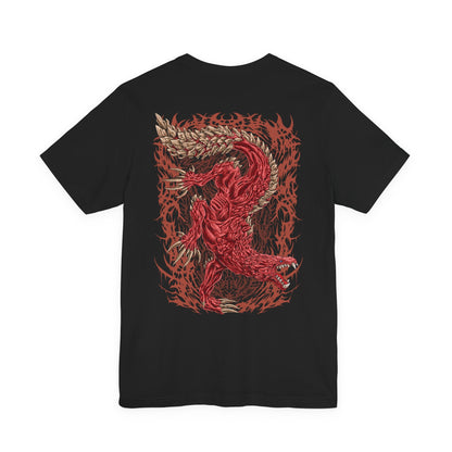 Image 5 of a T-Shirt artwork depicting Odogaron lunging across the Rotten Vale with blinding speed, its blood-red hide glistening beneath dim cavern light as claws tear through stone. Skeletal remains and drifting spores surround the beast while its glowing eyes lock onto unseen prey. This design reflects the creature's relentless pursuit, savage combat style, and dominance as one of the apex predators lurking beneath the surface.