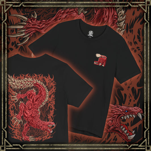 Thumbnail of a T-Shirt artwork depicting Odogaron lunging across the Rotten Vale with blinding speed, its blood-red hide glistening beneath dim cavern light as claws tear through stone. Skeletal remains and drifting spores surround the beast while its glowing eyes lock onto unseen prey. This design reflects the creature's relentless pursuit, savage combat style, and dominance as one of the apex predators lurking beneath the surface.