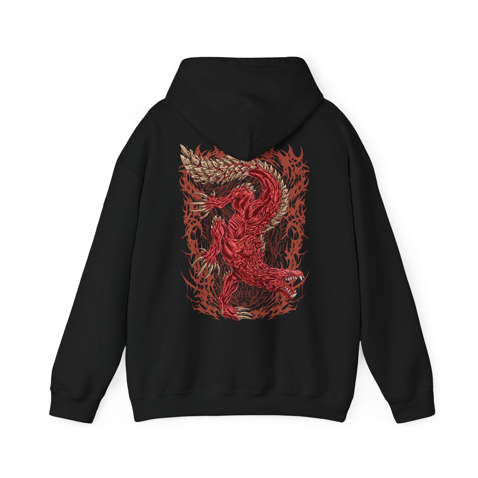 Image 5 of a Hooded Sweatshirt of Odogaron roaring from atop a mountain of bones deep within the Rotten Vale, its muscular frame covered in crimson scales and scar-like markings. Dust, decay, and dark mist swirl around the wyvern as its long tail lashes through the air. The composition emphasizes primal ferocity, incredible agility, and the haunting presence of one of Monster Hunter's most iconic fanged wyverns.