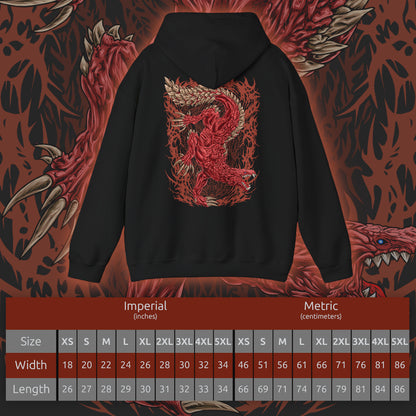 Size chart of a Hooded Sweatshirt of Odogaron roaring from atop a mountain of bones deep within the Rotten Vale, its muscular frame covered in crimson scales and scar-like markings. Dust, decay, and dark mist swirl around the wyvern as its long tail lashes through the air. The composition emphasizes primal ferocity, incredible agility, and the haunting presence of one of Monster Hunter's most iconic fanged wyverns.