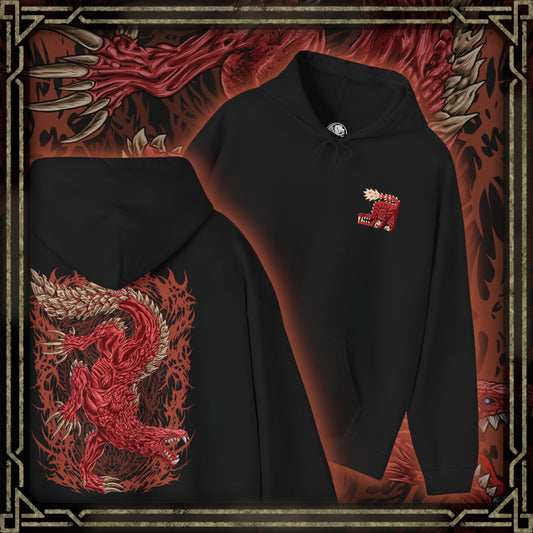 Thumbnail of a Hooded Sweatshirt of Odogaron roaring from atop a mountain of bones deep within the Rotten Vale, its muscular frame covered in crimson scales and scar-like markings. Dust, decay, and dark mist swirl around the wyvern as its long tail lashes through the air. The composition emphasizes primal ferocity, incredible agility, and the haunting presence of one of Monster Hunter's most iconic fanged wyverns.