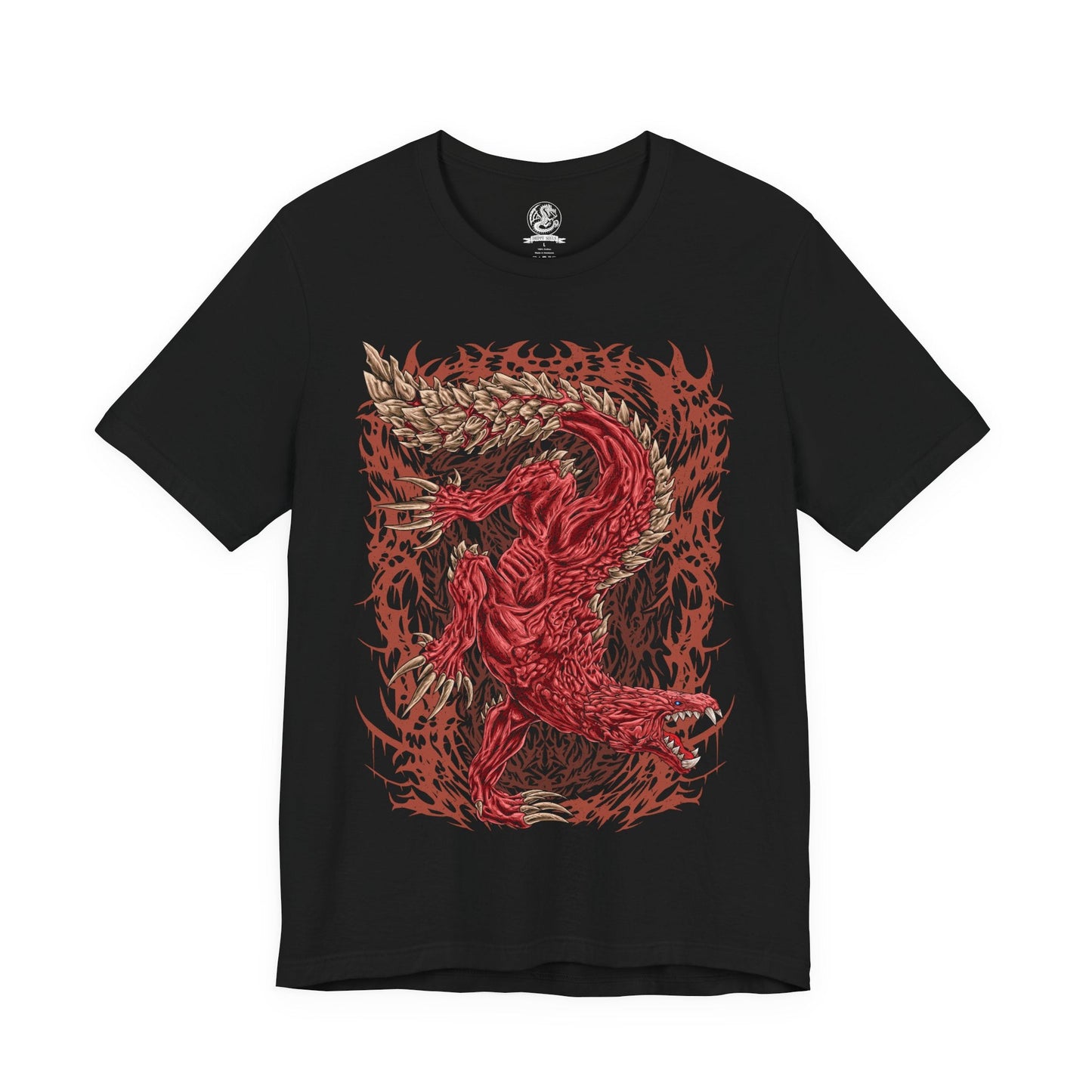 Image 4 of a T-Shirt design of Odogaron from Monster Hunter, prowling through the blood-soaked depths of the Rotten Vale with crimson skin stretched over powerful muscles and razor-sharp claws ready to strike. Bones and decaying remains litter the ground while eerie mist rises from the cavern floor. The design captures Odogaron's unmatched speed, feral aggression, and relentless hunting instincts within one of the New World's most terrifying ecosystems.