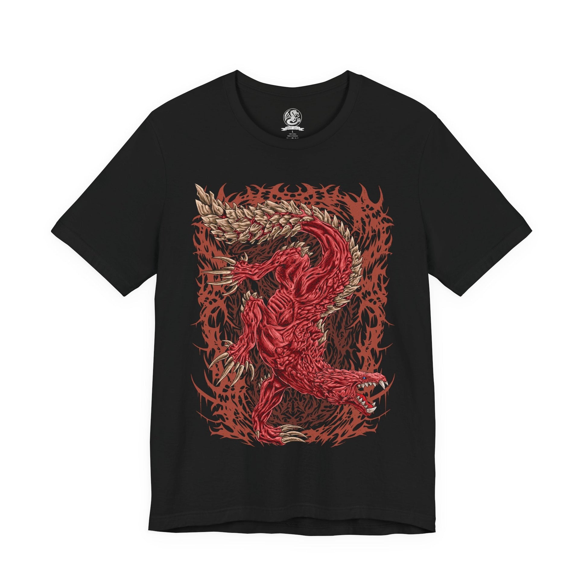 Image 4 of a T-Shirt design of Odogaron from Monster Hunter, prowling through the blood-soaked depths of the Rotten Vale with crimson skin stretched over powerful muscles and razor-sharp claws ready to strike. Bones and decaying remains litter the ground while eerie mist rises from the cavern floor. The design captures Odogaron's unmatched speed, feral aggression, and relentless hunting instincts within one of the New World's most terrifying ecosystems.