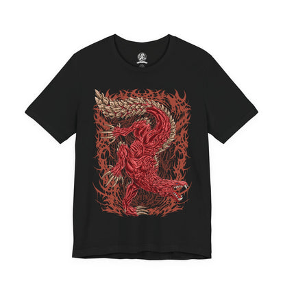 Image 4 of a T-Shirt design of Odogaron from Monster Hunter, prowling through the blood-soaked depths of the Rotten Vale with crimson skin stretched over powerful muscles and razor-sharp claws ready to strike. Bones and decaying remains litter the ground while eerie mist rises from the cavern floor. The design captures Odogaron's unmatched speed, feral aggression, and relentless hunting instincts within one of the New World's most terrifying ecosystems.