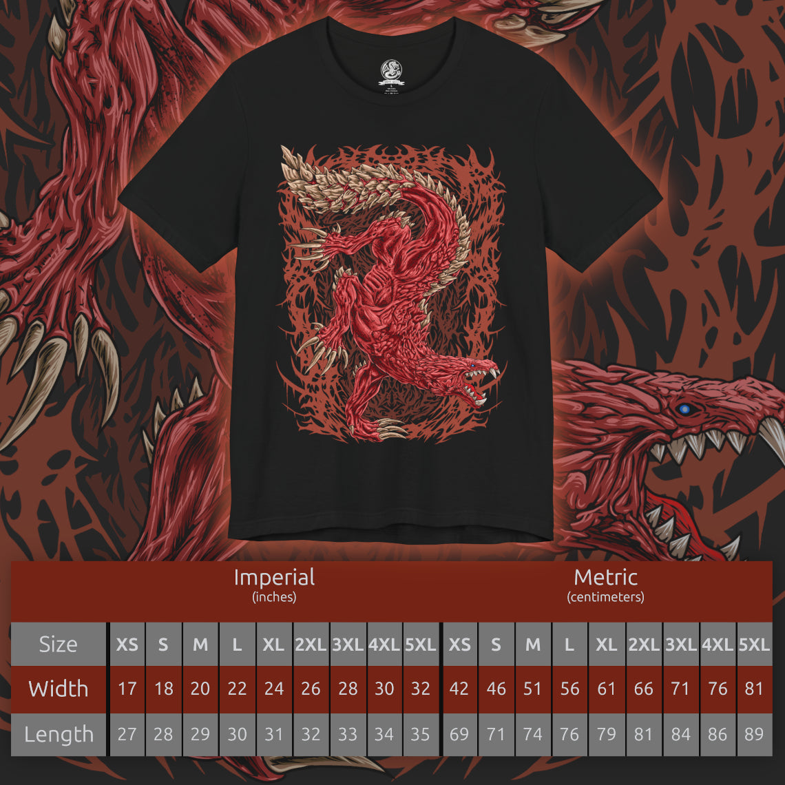 Size chart of a T-Shirt design of Odogaron from Monster Hunter, prowling through the blood-soaked depths of the Rotten Vale with crimson skin stretched over powerful muscles and razor-sharp claws ready to strike. Bones and decaying remains litter the ground while eerie mist rises from the cavern floor. The design captures Odogaron's unmatched speed, feral aggression, and relentless hunting instincts within one of the New World's most terrifying ecosystems.