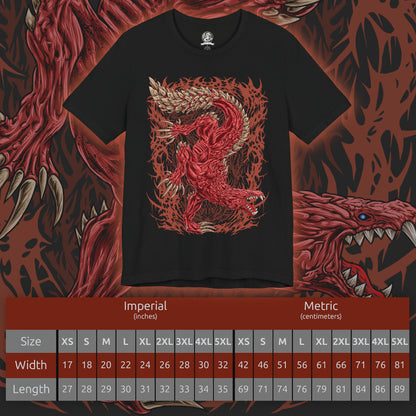 Size chart of a T-Shirt design of Odogaron from Monster Hunter, prowling through the blood-soaked depths of the Rotten Vale with crimson skin stretched over powerful muscles and razor-sharp claws ready to strike. Bones and decaying remains litter the ground while eerie mist rises from the cavern floor. The design captures Odogaron's unmatched speed, feral aggression, and relentless hunting instincts within one of the New World's most terrifying ecosystems.