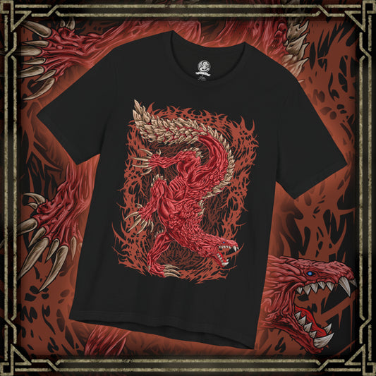 Thumbnail of a T-Shirt design of Odogaron from Monster Hunter, prowling through the blood-soaked depths of the Rotten Vale with crimson skin stretched over powerful muscles and razor-sharp claws ready to strike. Bones and decaying remains litter the ground while eerie mist rises from the cavern floor. The design captures Odogaron's unmatched speed, feral aggression, and relentless hunting instincts within one of the New World's most terrifying ecosystems.