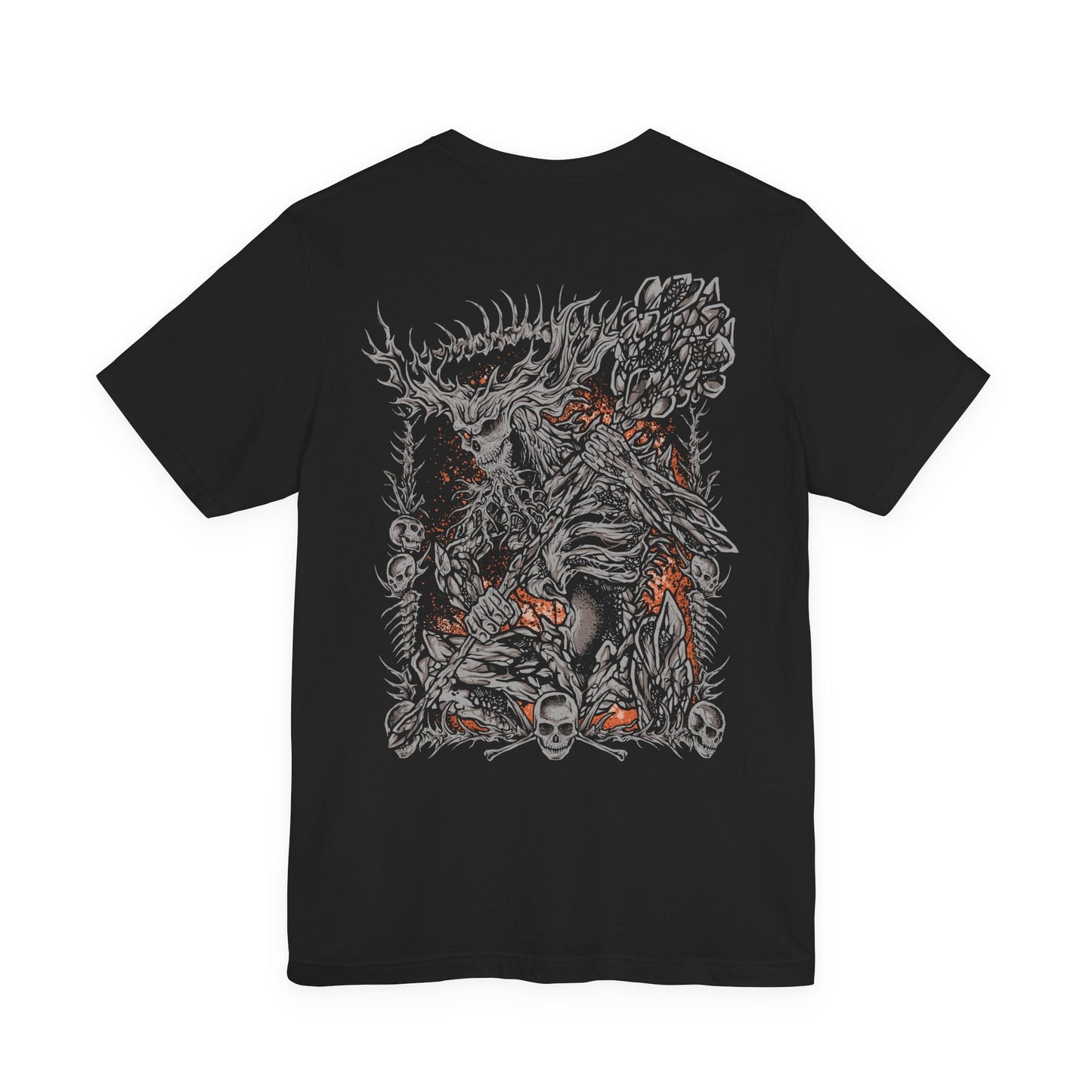 Image 5 of a T-Shirt artwork depicting the Old Demon King standing among the charred ruins beneath Smouldering Lake, his enormous hammer glowing with intense heat as flames erupt around his ancient body. Ash, smoke, and molten stone fill the battlefield while the demon prepares a devastating fire attack. This design reflects the king's fading power, ancient heritage, and connection to the Chaos Flame.