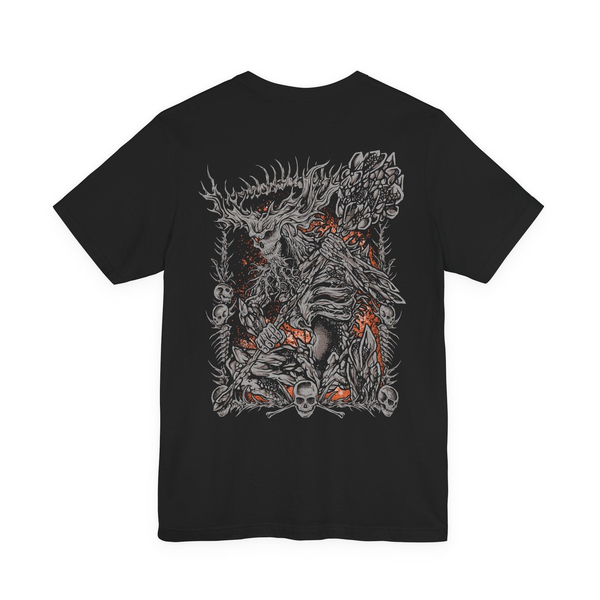 Image 5 of a T-Shirt artwork depicting the Old Demon King standing among the charred ruins beneath Smouldering Lake, his enormous hammer glowing with intense heat as flames erupt around his ancient body. Ash, smoke, and molten stone fill the battlefield while the demon prepares a devastating fire attack. This design reflects the king's fading power, ancient heritage, and connection to the Chaos Flame.