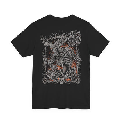 Image 5 of a T-Shirt artwork depicting the Old Demon King standing among the charred ruins beneath Smouldering Lake, his enormous hammer glowing with intense heat as flames erupt around his ancient body. Ash, smoke, and molten stone fill the battlefield while the demon prepares a devastating fire attack. This design reflects the king's fading power, ancient heritage, and connection to the Chaos Flame.
