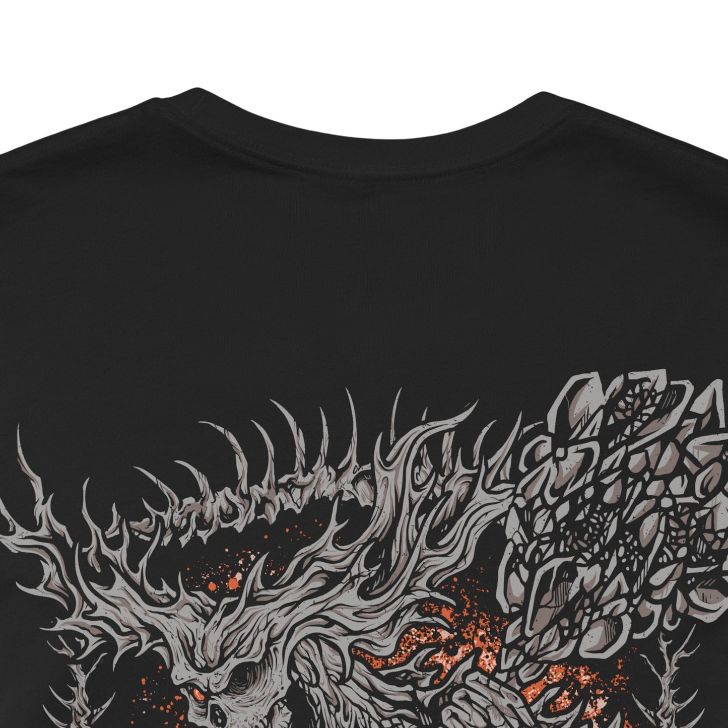 Image 7 of a T-Shirt artwork depicting the Old Demon King standing among the charred ruins beneath Smouldering Lake, his enormous hammer glowing with intense heat as flames erupt around his ancient body. Ash, smoke, and molten stone fill the battlefield while the demon prepares a devastating fire attack. This design reflects the king's fading power, ancient heritage, and connection to the Chaos Flame.