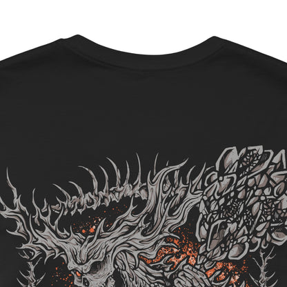 Image 7 of a T-Shirt artwork depicting the Old Demon King standing among the charred ruins beneath Smouldering Lake, his enormous hammer glowing with intense heat as flames erupt around his ancient body. Ash, smoke, and molten stone fill the battlefield while the demon prepares a devastating fire attack. This design reflects the king's fading power, ancient heritage, and connection to the Chaos Flame.