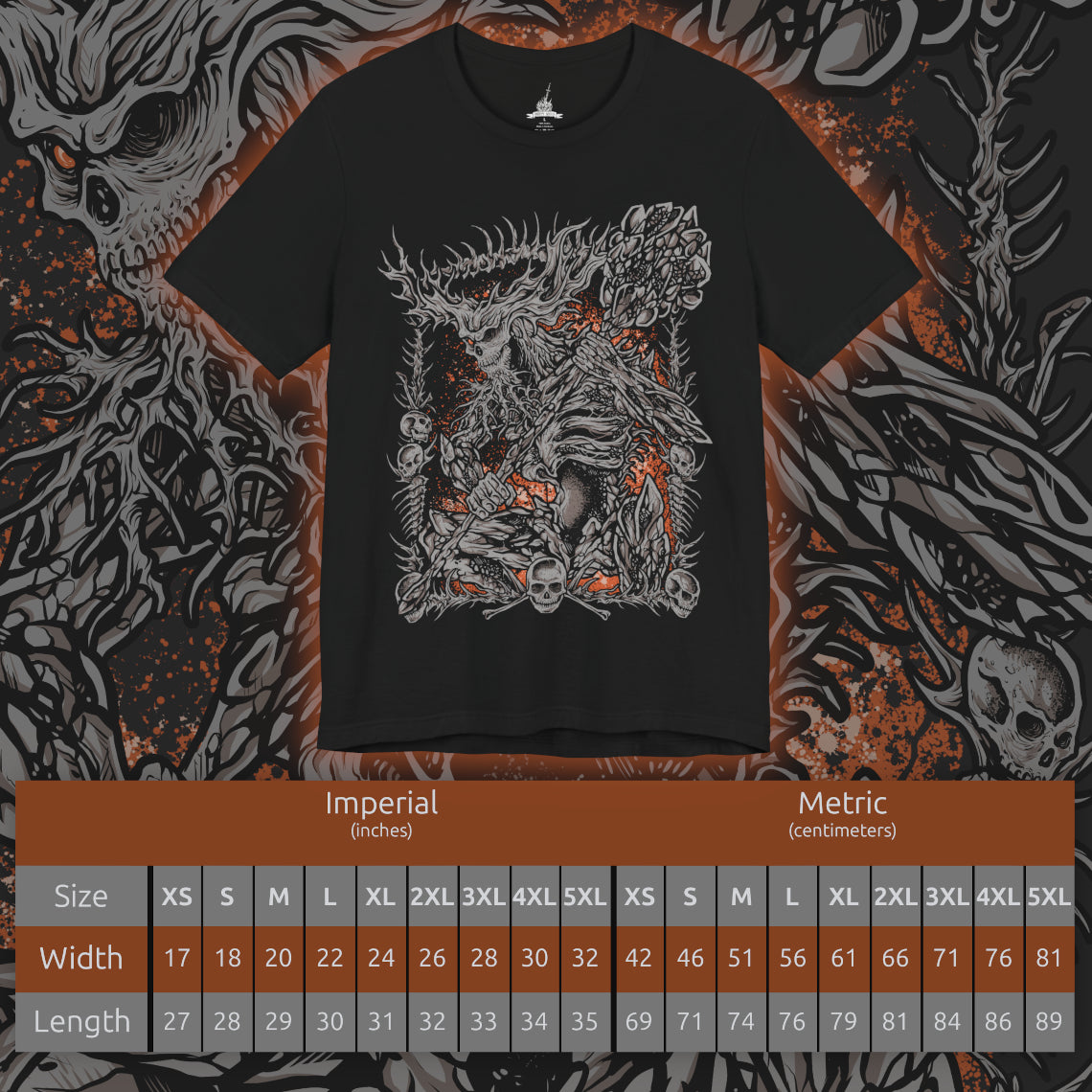 Size chart of a T-Shirt artwork depicting the Old Demon King standing among the charred ruins beneath Smouldering Lake, his enormous hammer glowing with intense heat as flames erupt around his ancient body. Ash, smoke, and molten stone fill the battlefield while the demon prepares a devastating fire attack. This design reflects the king's fading power, ancient heritage, and connection to the Chaos Flame.