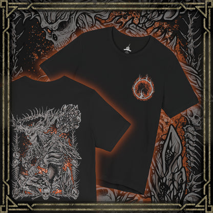 Thumbnail of a T-Shirt artwork depicting the Old Demon King standing among the charred ruins beneath Smouldering Lake, his enormous hammer glowing with intense heat as flames erupt around his ancient body. Ash, smoke, and molten stone fill the battlefield while the demon prepares a devastating fire attack. This design reflects the king's fading power, ancient heritage, and connection to the Chaos Flame.