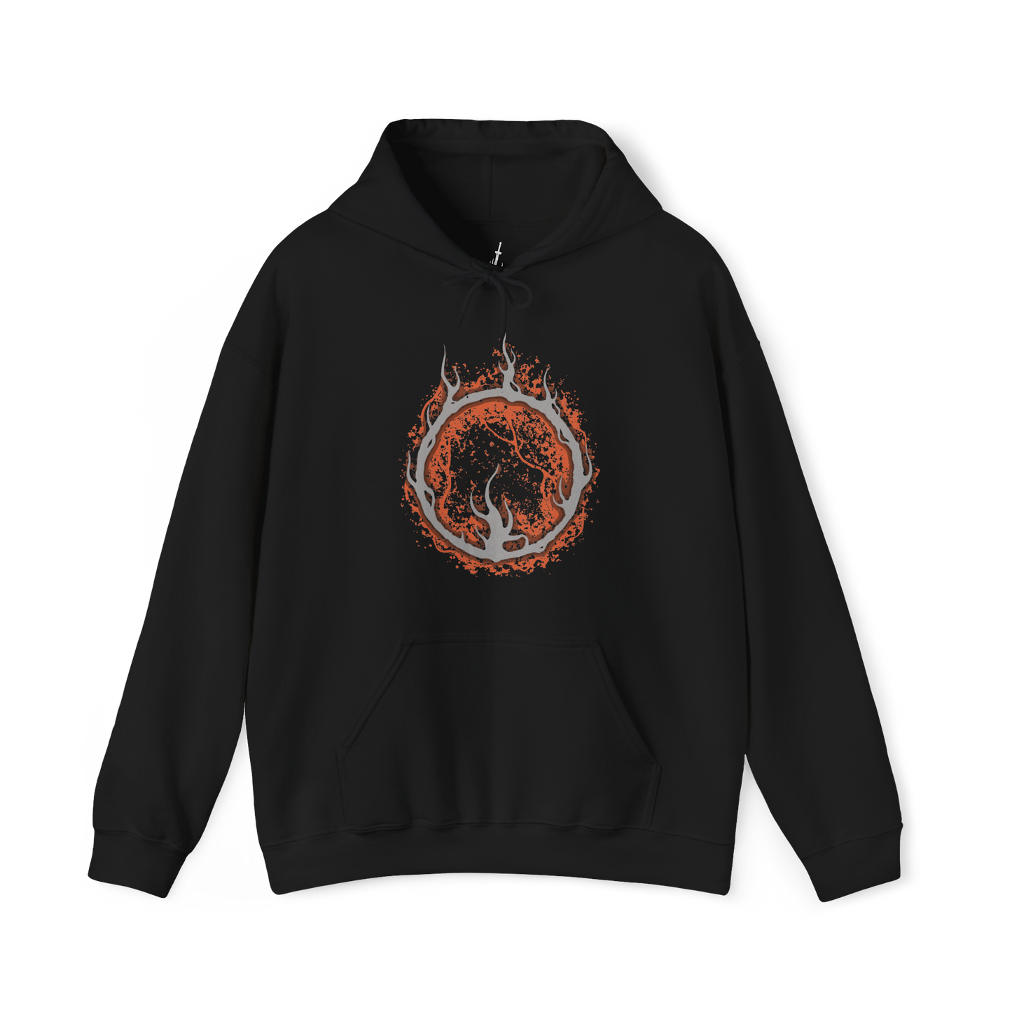 Image 4 of a Hooded Sweatshirt of the Old Demon King standing within the blazing Demon Ruins, his massive hammer engulfed in fire as molten rock and embers surround his towering form. Smoke rises through the ancient chamber while flames illuminate his weathered body. The composition emphasizes his immense strength, fading power, and role as one of the last surviving demons of the Chaos Flame.