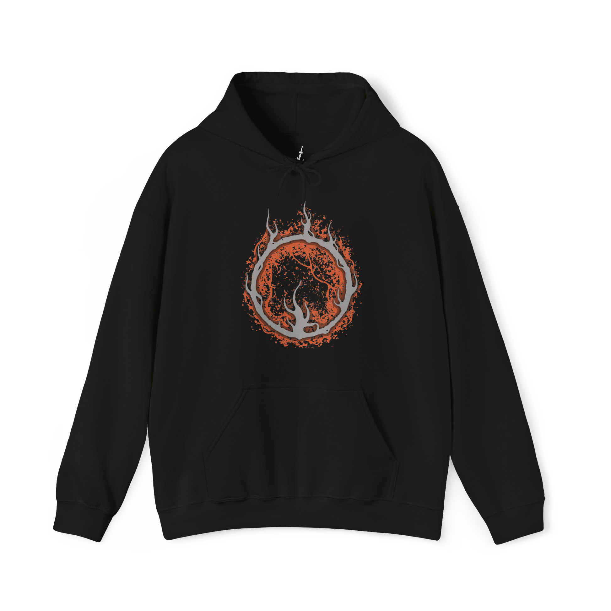 Image 4 of a Hooded Sweatshirt of the Old Demon King standing within the blazing Demon Ruins, his massive hammer engulfed in fire as molten rock and embers surround his towering form. Smoke rises through the ancient chamber while flames illuminate his weathered body. The composition emphasizes his immense strength, fading power, and role as one of the last surviving demons of the Chaos Flame.