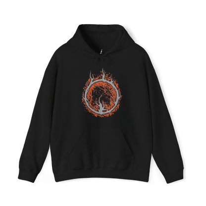 Image 4 of a Hooded Sweatshirt of the Old Demon King standing within the blazing Demon Ruins, his massive hammer engulfed in fire as molten rock and embers surround his towering form. Smoke rises through the ancient chamber while flames illuminate his weathered body. The composition emphasizes his immense strength, fading power, and role as one of the last surviving demons of the Chaos Flame.