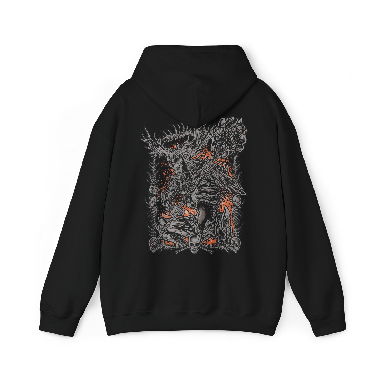 Image 5 of a Hooded Sweatshirt of the Old Demon King standing within the blazing Demon Ruins, his massive hammer engulfed in fire as molten rock and embers surround his towering form. Smoke rises through the ancient chamber while flames illuminate his weathered body. The composition emphasizes his immense strength, fading power, and role as one of the last surviving demons of the Chaos Flame.