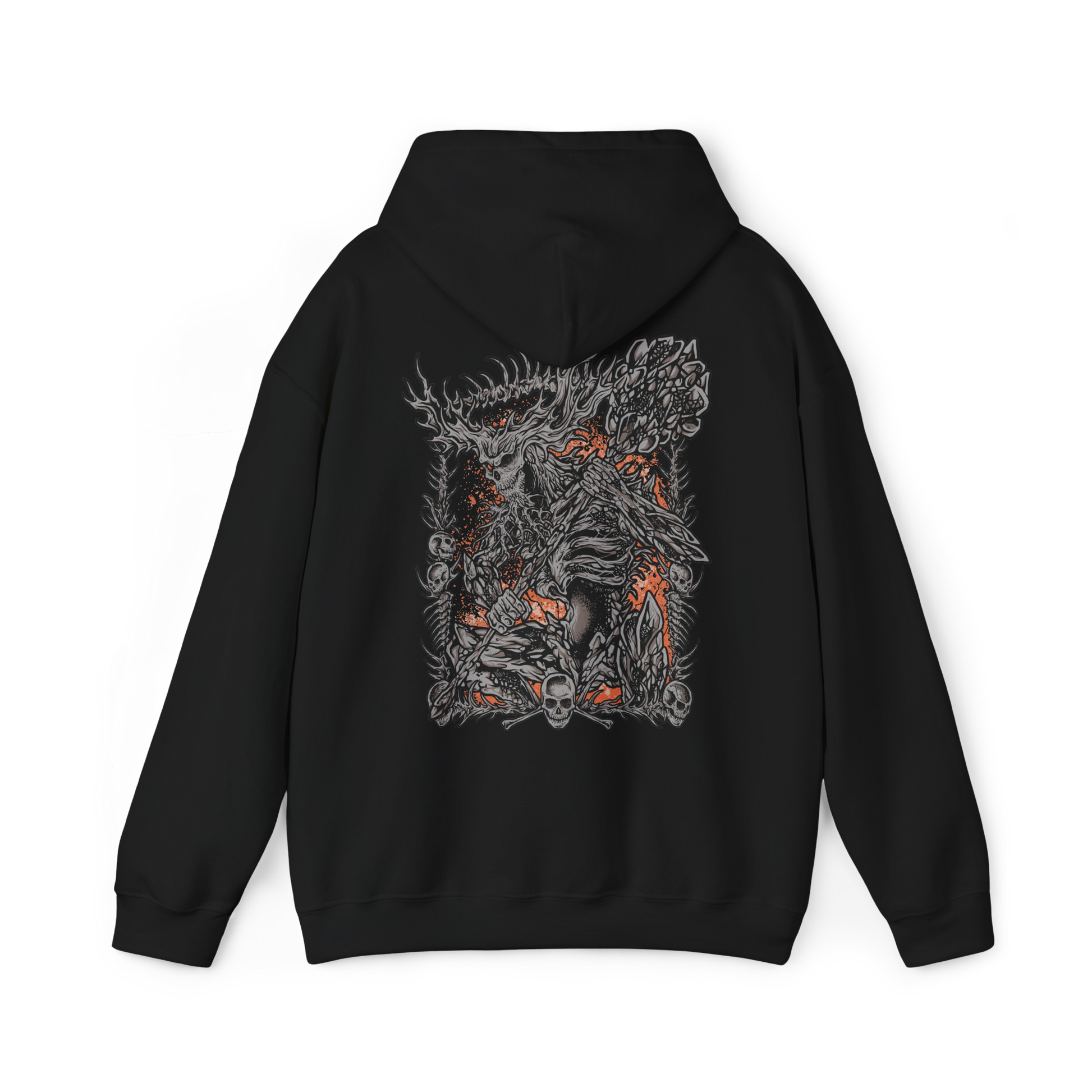 Image 5 of a Hooded Sweatshirt of the Old Demon King standing within the blazing Demon Ruins, his massive hammer engulfed in fire as molten rock and embers surround his towering form. Smoke rises through the ancient chamber while flames illuminate his weathered body. The composition emphasizes his immense strength, fading power, and role as one of the last surviving demons of the Chaos Flame.