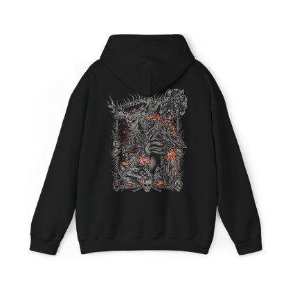 Image 5 of a Hooded Sweatshirt of the Old Demon King standing within the blazing Demon Ruins, his massive hammer engulfed in fire as molten rock and embers surround his towering form. Smoke rises through the ancient chamber while flames illuminate his weathered body. The composition emphasizes his immense strength, fading power, and role as one of the last surviving demons of the Chaos Flame.