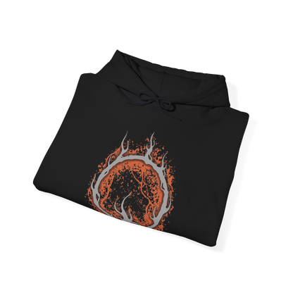Image 6 of a Hooded Sweatshirt of the Old Demon King standing within the blazing Demon Ruins, his massive hammer engulfed in fire as molten rock and embers surround his towering form. Smoke rises through the ancient chamber while flames illuminate his weathered body. The composition emphasizes his immense strength, fading power, and role as one of the last surviving demons of the Chaos Flame.