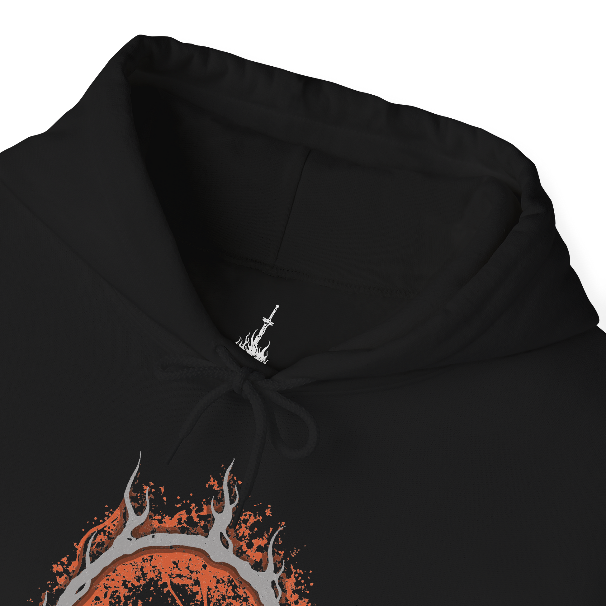 Folded Hooded Sweatshirt of the Old Demon King standing within the blazing Demon Ruins, his massive hammer engulfed in fire as molten rock and embers surround his towering form. Smoke rises through the ancient chamber while flames illuminate his weathered body. The composition emphasizes his immense strength, fading power, and role as one of the last surviving demons of the Chaos Flame.