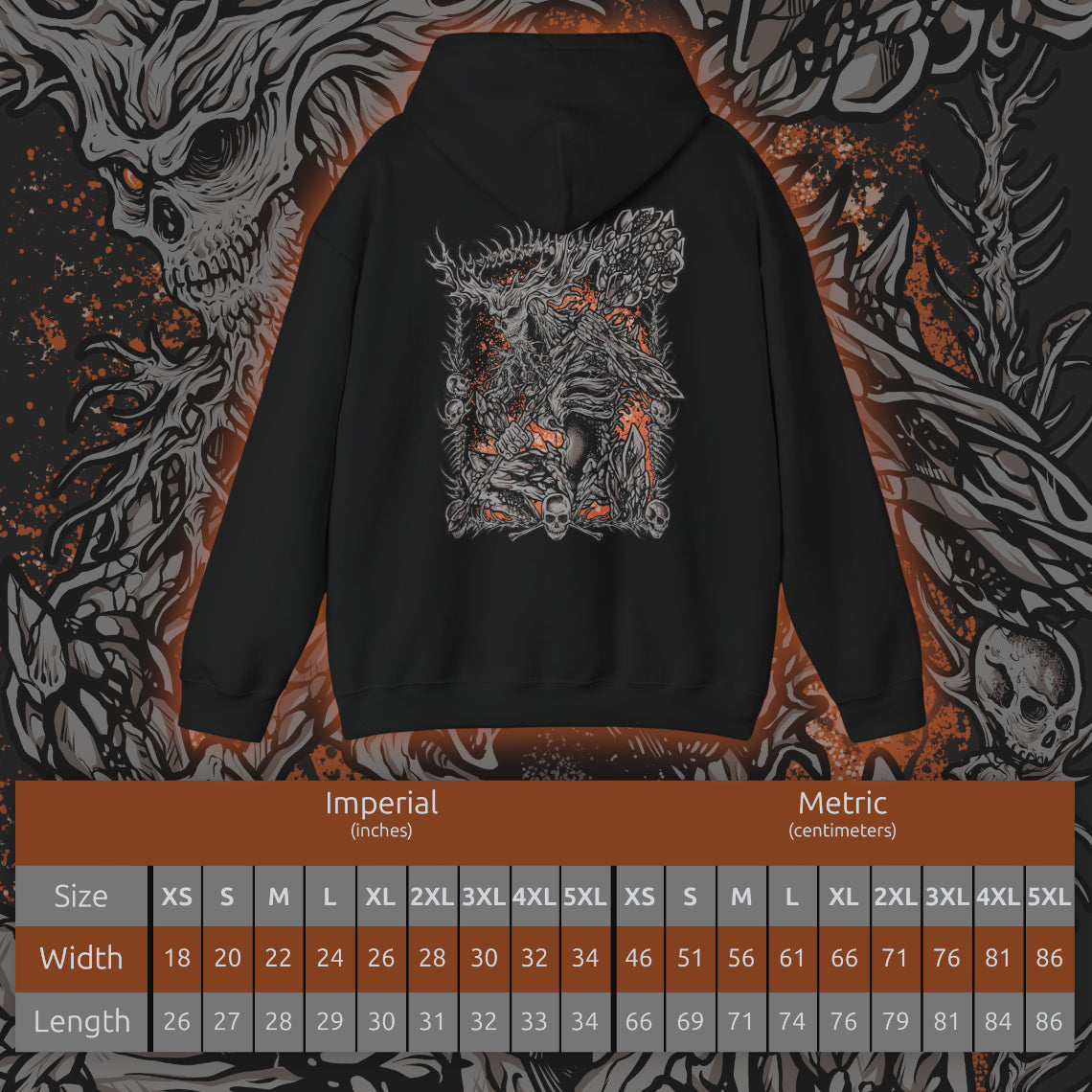 Size chart of a Hooded Sweatshirt of the Old Demon King standing within the blazing Demon Ruins, his massive hammer engulfed in fire as molten rock and embers surround his towering form. Smoke rises through the ancient chamber while flames illuminate his weathered body. The composition emphasizes his immense strength, fading power, and role as one of the last surviving demons of the Chaos Flame.