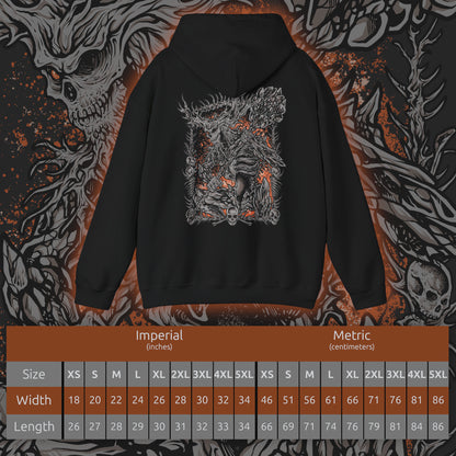 Size chart of a Hooded Sweatshirt of the Old Demon King standing within the blazing Demon Ruins, his massive hammer engulfed in fire as molten rock and embers surround his towering form. Smoke rises through the ancient chamber while flames illuminate his weathered body. The composition emphasizes his immense strength, fading power, and role as one of the last surviving demons of the Chaos Flame.