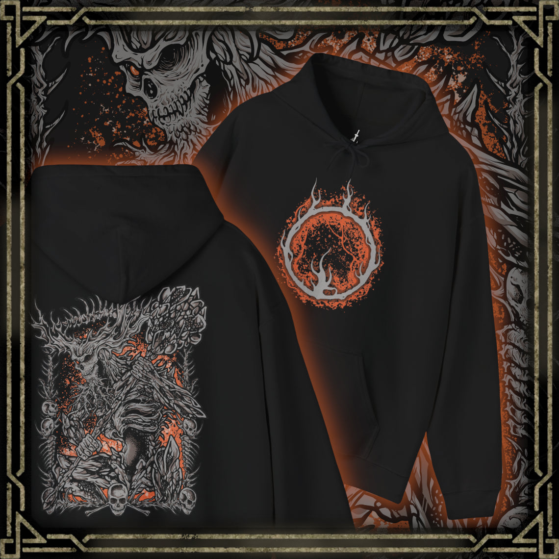 Thumbnail of a Hooded Sweatshirt of the Old Demon King standing within the blazing Demon Ruins, his massive hammer engulfed in fire as molten rock and embers surround his towering form. Smoke rises through the ancient chamber while flames illuminate his weathered body. The composition emphasizes his immense strength, fading power, and role as one of the last surviving demons of the Chaos Flame.
