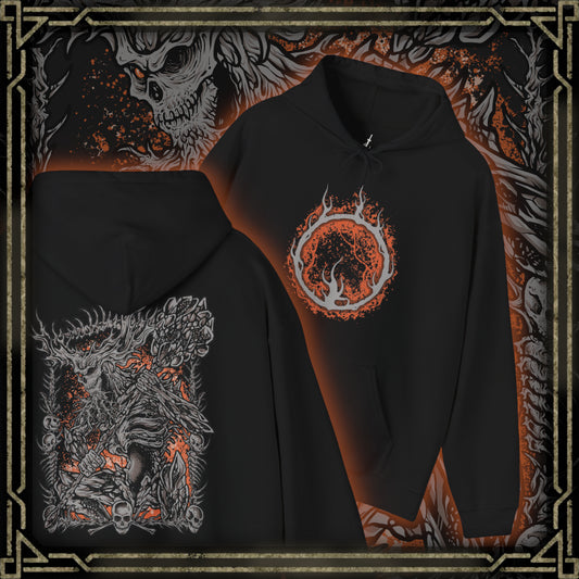 Thumbnail of a Hooded Sweatshirt of the Old Demon King standing within the blazing Demon Ruins, his massive hammer engulfed in fire as molten rock and embers surround his towering form. Smoke rises through the ancient chamber while flames illuminate his weathered body. The composition emphasizes his immense strength, fading power, and role as one of the last surviving demons of the Chaos Flame.