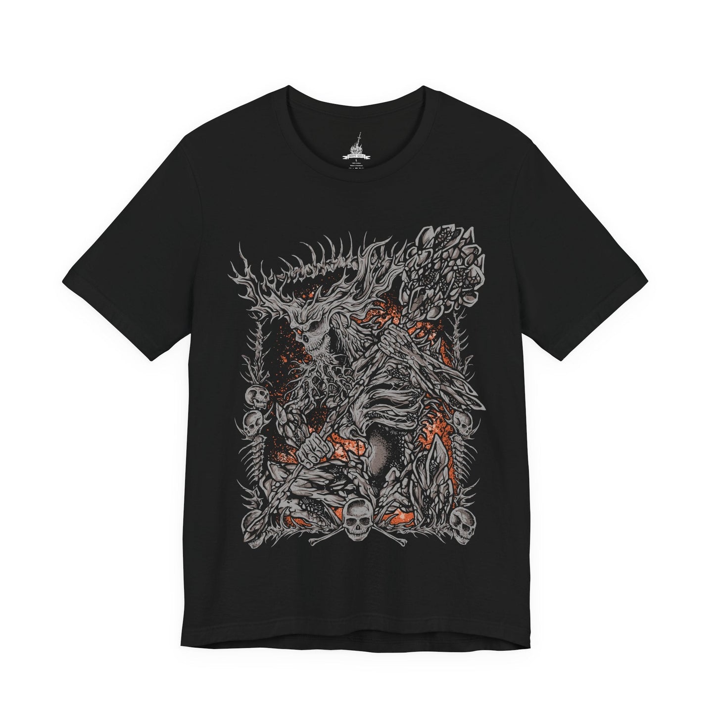 Image 4 of a T-Shirt design of the Old Demon King from Dark Souls III, towering within the burning Demon Ruins while gripping his enormous flaming hammer. Fiery embers, molten rock, and smoke surround the ancient demon as he prepares to unleash devastating flame attacks. The design captures his immense power, ancient origins, and the fading strength of one of the last great demons.