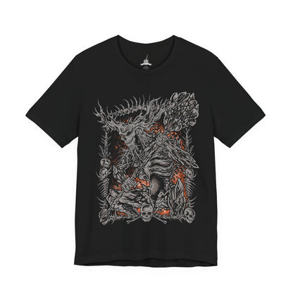 Image 4 of a T-Shirt design of the Old Demon King from Dark Souls III, towering within the burning Demon Ruins while gripping his enormous flaming hammer. Fiery embers, molten rock, and smoke surround the ancient demon as he prepares to unleash devastating flame attacks. The design captures his immense power, ancient origins, and the fading strength of one of the last great demons.