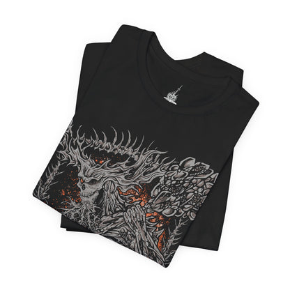 Image 5 of a T-Shirt design of the Old Demon King from Dark Souls III, towering within the burning Demon Ruins while gripping his enormous flaming hammer. Fiery embers, molten rock, and smoke surround the ancient demon as he prepares to unleash devastating flame attacks. The design captures his immense power, ancient origins, and the fading strength of one of the last great demons.