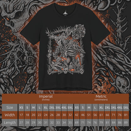 Size chart of a T-Shirt design of the Old Demon King from Dark Souls III, towering within the burning Demon Ruins while gripping his enormous flaming hammer. Fiery embers, molten rock, and smoke surround the ancient demon as he prepares to unleash devastating flame attacks. The design captures his immense power, ancient origins, and the fading strength of one of the last great demons.