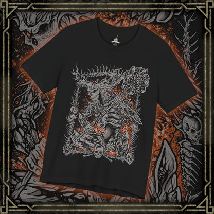 Thumbnail of a T-Shirt design of the Old Demon King from Dark Souls III, towering within the burning Demon Ruins while gripping his enormous flaming hammer. Fiery embers, molten rock, and smoke surround the ancient demon as he prepares to unleash devastating flame attacks. The design captures his immense power, ancient origins, and the fading strength of one of the last great demons.
