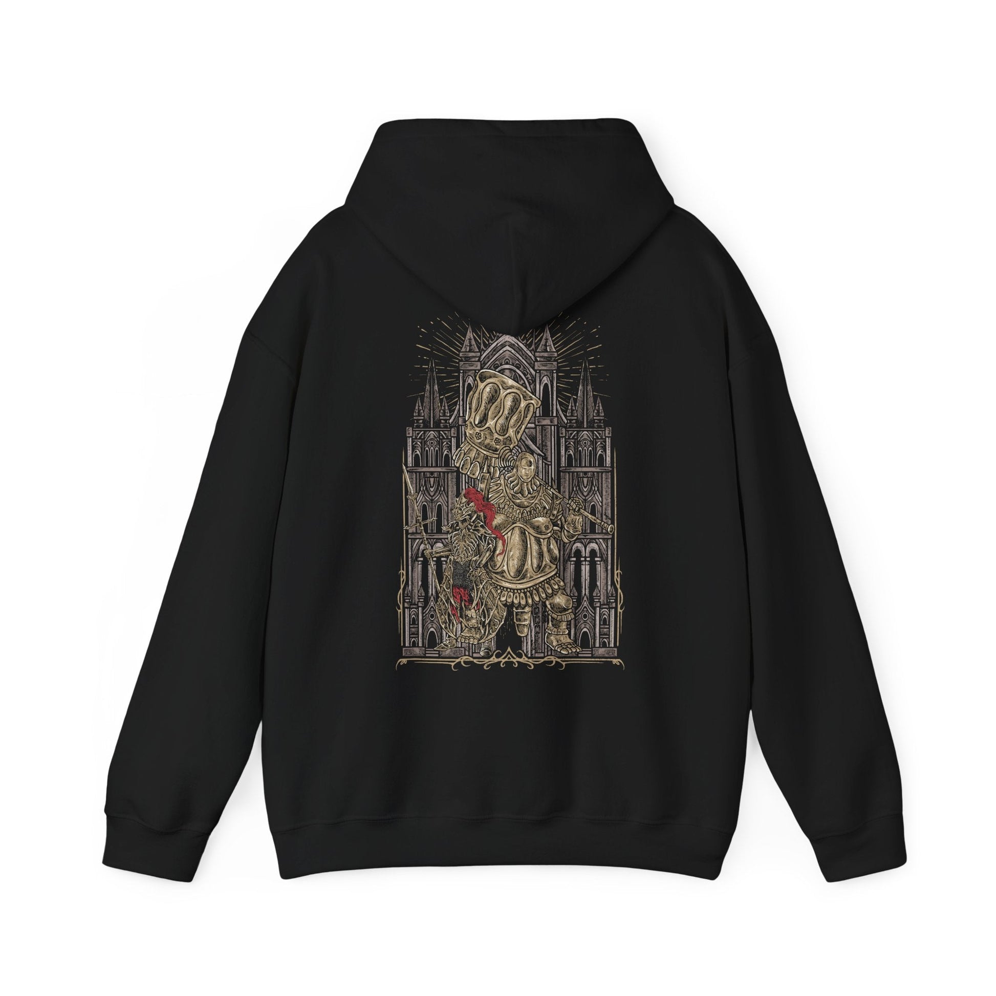 Image 5 of a Hooded Sweatshirt of Ornstein and Smough defending the throne of Anor Londo, their armor gleaming in the cathedral’s golden light. Ornstein’s lightning spear and Smough’s colossal hammer create a perfect storm of offense and defense. The gothic architecture, statues, and shadows convey the awe-inspiring danger and heroic challenge that define this iconic Dark Souls encounter.