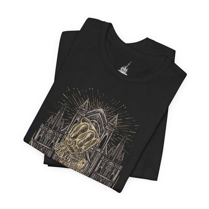 Image 5 of a T-shirt design of Ornstein and Smough from Dark Souls, the legendary duo defending Anor Londo’s cathedral. Ornstein wields his lightning spear with divine precision while Smough’s massive hammer crushes all in his path. Surrounded by gothic arches and golden light, the design captures the deadly synergy, grandeur, and challenge of one of the series’ most iconic boss fights.