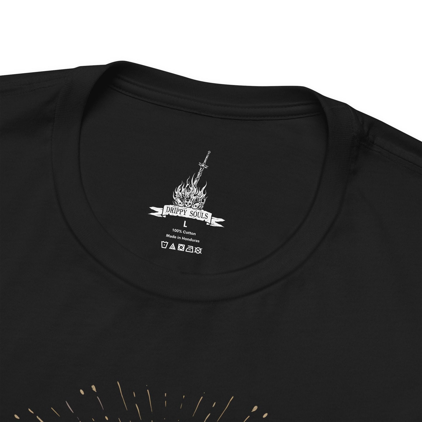 Folded T-shirt design of Ornstein and Smough from Dark Souls, the legendary duo defending Anor Londo’s cathedral. Ornstein wields his lightning spear with divine precision while Smough’s massive hammer crushes all in his path. Surrounded by gothic arches and golden light, the design captures the deadly synergy, grandeur, and challenge of one of the series’ most iconic boss fights.