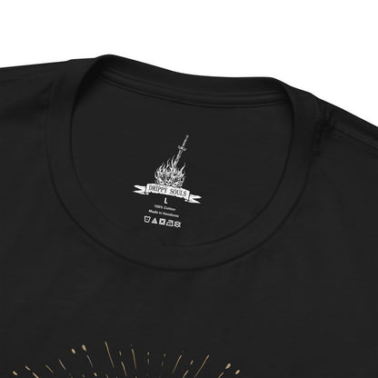 Folded T-shirt design of Ornstein and Smough from Dark Souls, the legendary duo defending Anor Londo’s cathedral. Ornstein wields his lightning spear with divine precision while Smough’s massive hammer crushes all in his path. Surrounded by gothic arches and golden light, the design captures the deadly synergy, grandeur, and challenge of one of the series’ most iconic boss fights.
