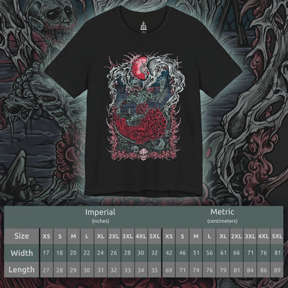 Size chart of a T-shirt featuring the Orphan of Kos from Bloodborne, the vengeful child of the Great One slain by the hunters of Byrgenwerth. Born in agony on the corpse of its mother, the Orphan wields its own placenta as a weapon, shrieking in primal rage. This design captures the raw, tragic violence of the final Hunter’s Nightmare boss.