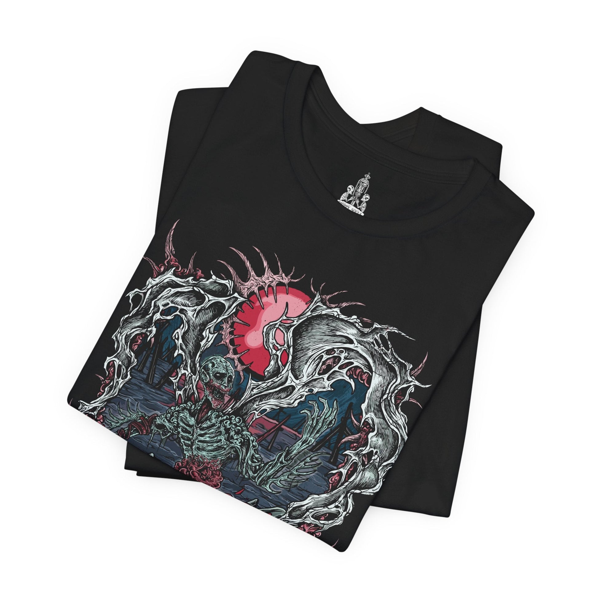 Image 5 of a T-shirt featuring the Orphan of Kos from Bloodborne, the tragic and furious final boss of the Old Hunters DLC. Born from the corpse of the Great One Kos, this screeching, emaciated figure lashes out in primal rage, wielding its own placenta as a grotesque weapon. A symbol of grief, vengeance, and the horrors of cosmic meddling, the Orphan delivers one of the most intense and emotional battles in the game. A must-have for fans of Bloodborne’s brutal lore and unforgettable endings.