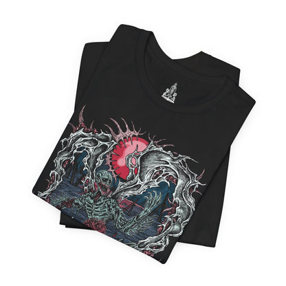 Image 5 of a T-shirt featuring the Orphan of Kos from Bloodborne, the tragic and furious final boss of the Old Hunters DLC. Born from the corpse of the Great One Kos, this screeching, emaciated figure lashes out in primal rage, wielding its own placenta as a grotesque weapon. A symbol of grief, vengeance, and the horrors of cosmic meddling, the Orphan delivers one of the most intense and emotional battles in the game. A must-have for fans of Bloodborne’s brutal lore and unforgettable endings.