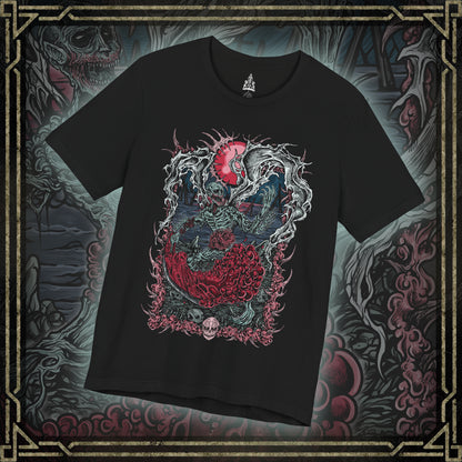 Thumbnail of a T-shirt featuring the Orphan of Kos from Bloodborne, the tragic and furious final boss of the Old Hunters DLC. Born from the corpse of the Great One Kos, this screeching, emaciated figure lashes out in primal rage, wielding its own placenta as a grotesque weapon. A symbol of grief, vengeance, and the horrors of cosmic meddling, the Orphan delivers one of the most intense and emotional battles in the game. A must-have for fans of Bloodborne’s brutal lore and unforgettable endings.