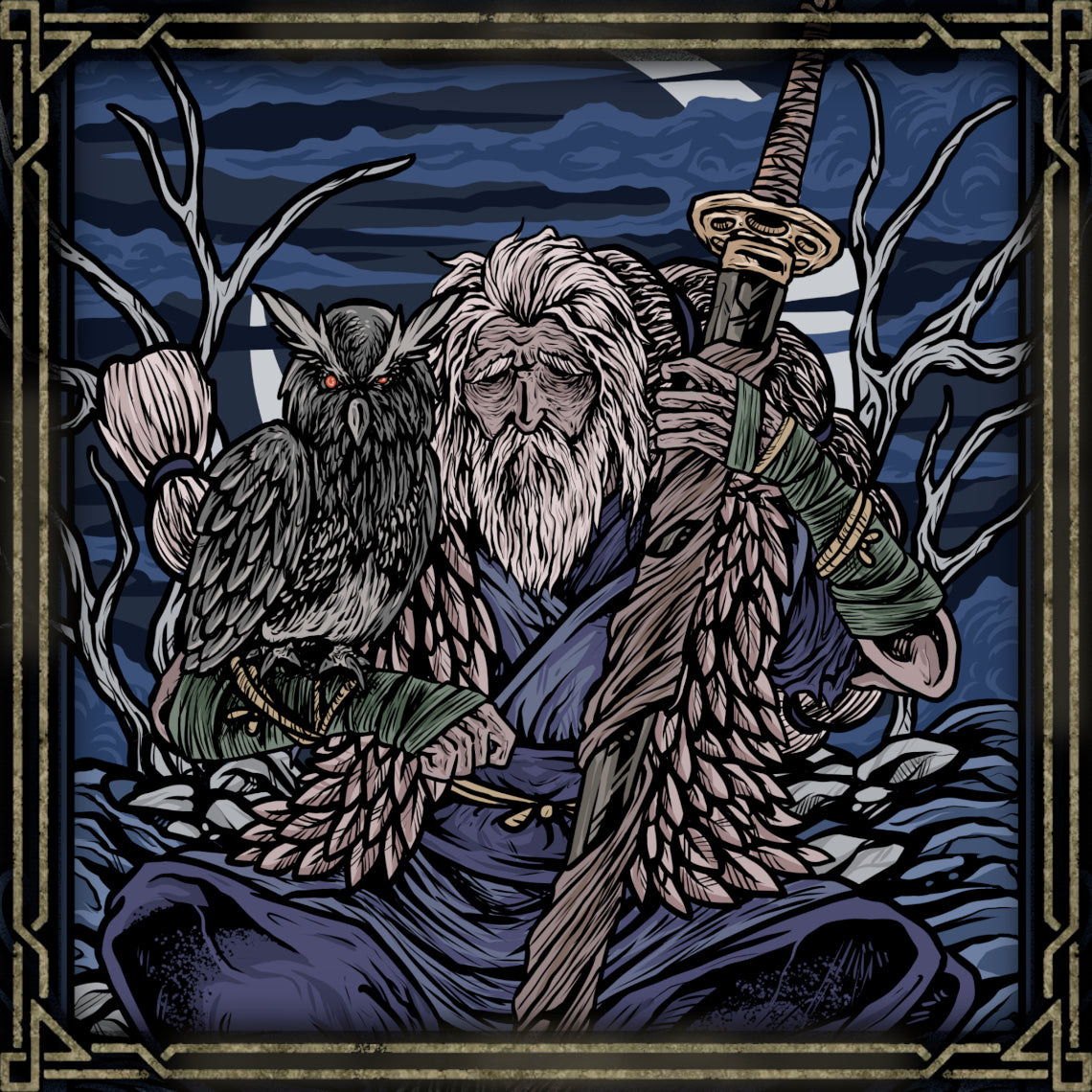 Artwork of Owl Father. Owl, known as the Great Shinobi, is the towering shinobi who raised Wolf after rescuing him from the battlefield. A master of deception, stealth, and ruthless combat, Owl taught his adopted son the Iron Code and shaped him into a deadly shinobi. This peaceful forest scene offers a contrast to his violent legacy, portraying the legendary shinobi meditating beneath the midnight sky alongside the owl that bears his name.