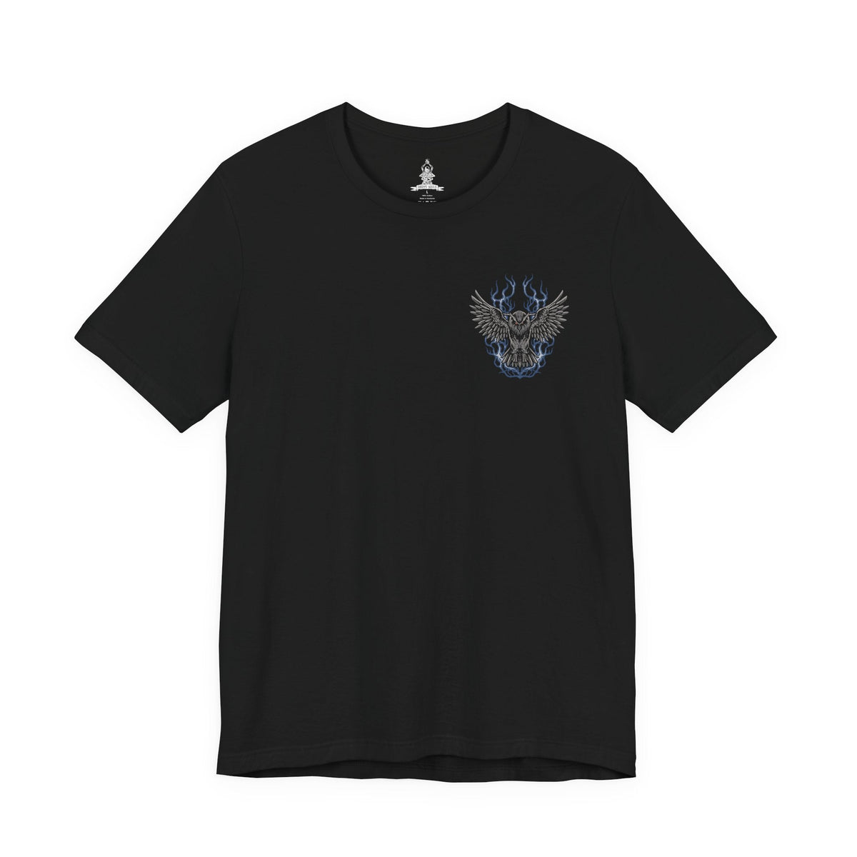 Image 4 of a T-Shirt artwork depicting Owl Father meditating beneath ancient trees in a secluded forest at midnight, his large owl resting calmly beside him. Moonlight illuminates the Great Shinobi's weathered armor while mist drifts across the forest floor. The composition contrasts Owl's fearsome reputation with a rare moment of stillness, emphasizing his bond with his owl and the mysterious life of a shinobi.
