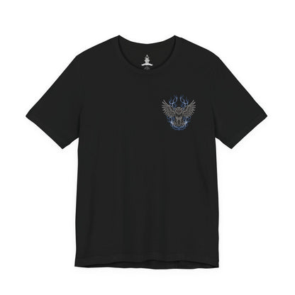 Image 4 of a T-Shirt artwork depicting Owl Father meditating beneath ancient trees in a secluded forest at midnight, his large owl resting calmly beside him. Moonlight illuminates the Great Shinobi's weathered armor while mist drifts across the forest floor. The composition contrasts Owl's fearsome reputation with a rare moment of stillness, emphasizing his bond with his owl and the mysterious life of a shinobi.