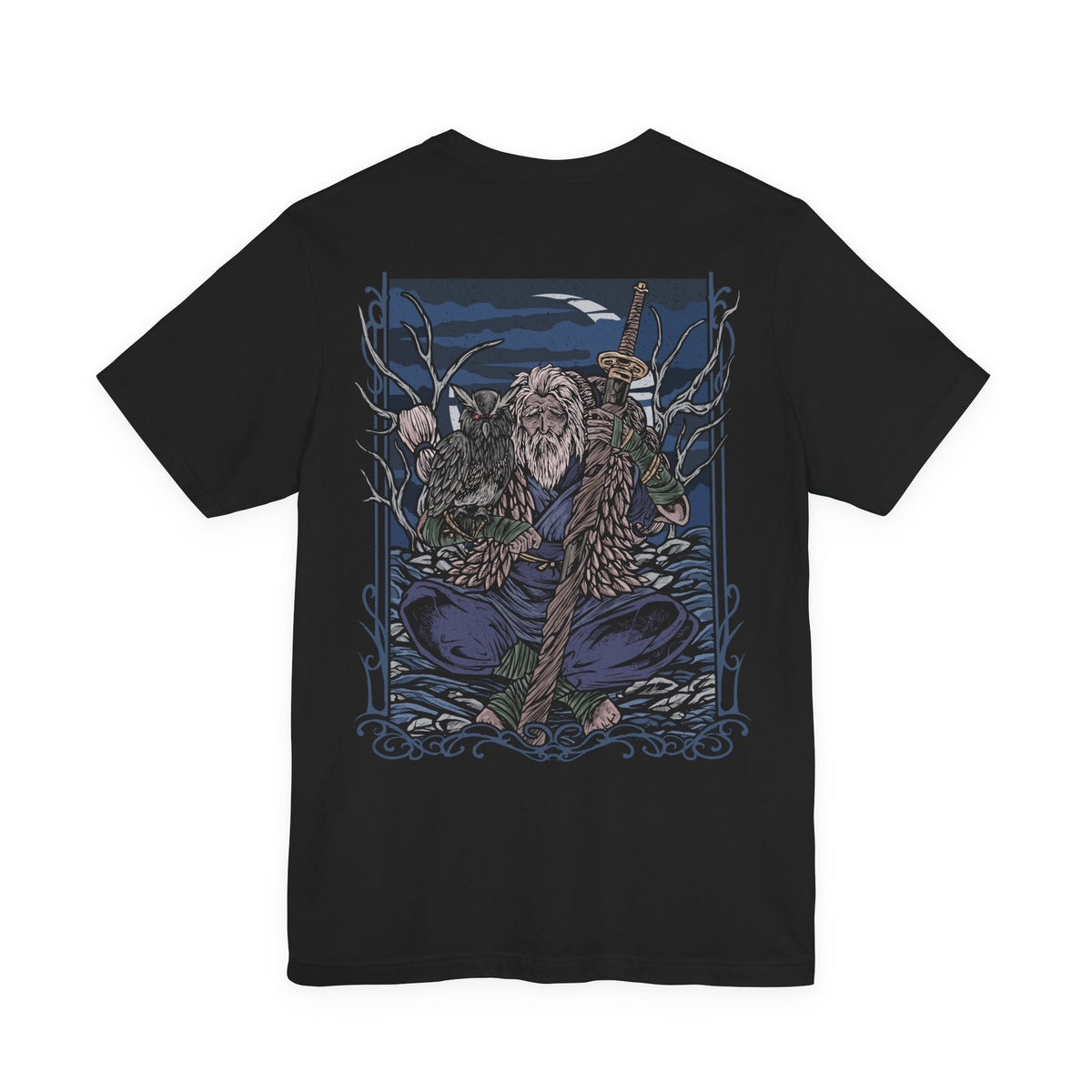 Image 5 of a T-Shirt artwork depicting Owl Father meditating beneath ancient trees in a secluded forest at midnight, his large owl resting calmly beside him. Moonlight illuminates the Great Shinobi's weathered armor while mist drifts across the forest floor. The composition contrasts Owl's fearsome reputation with a rare moment of stillness, emphasizing his bond with his owl and the mysterious life of a shinobi.