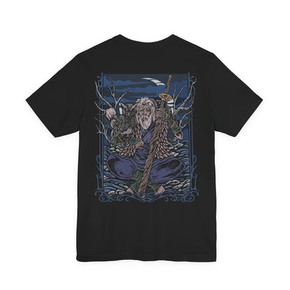 Image 5 of a T-Shirt artwork depicting Owl Father meditating beneath ancient trees in a secluded forest at midnight, his large owl resting calmly beside him. Moonlight illuminates the Great Shinobi's weathered armor while mist drifts across the forest floor. The composition contrasts Owl's fearsome reputation with a rare moment of stillness, emphasizing his bond with his owl and the mysterious life of a shinobi.
