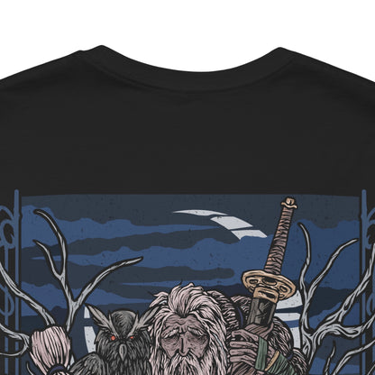 Image 7 of a T-Shirt artwork depicting Owl Father meditating beneath ancient trees in a secluded forest at midnight, his large owl resting calmly beside him. Moonlight illuminates the Great Shinobi's weathered armor while mist drifts across the forest floor. The composition contrasts Owl's fearsome reputation with a rare moment of stillness, emphasizing his bond with his owl and the mysterious life of a shinobi.